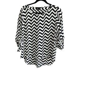 Dora Landa 100% Silk Black White Zigzag Hi Lo Blouse Sleeve Tabs Size Small